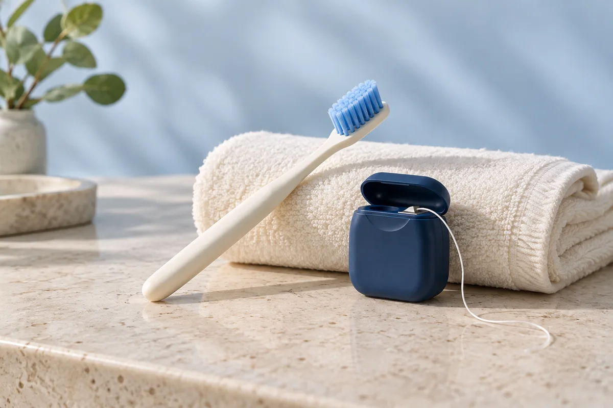An ivory toothbrush, blue floss container and folded towel