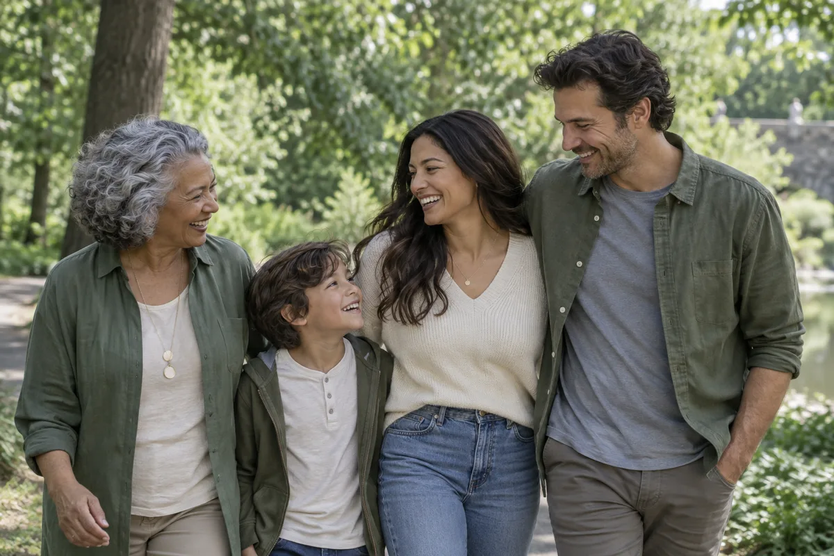 Imagen ilustrativa de una familia de varias generaciones que sonríe al aire libre