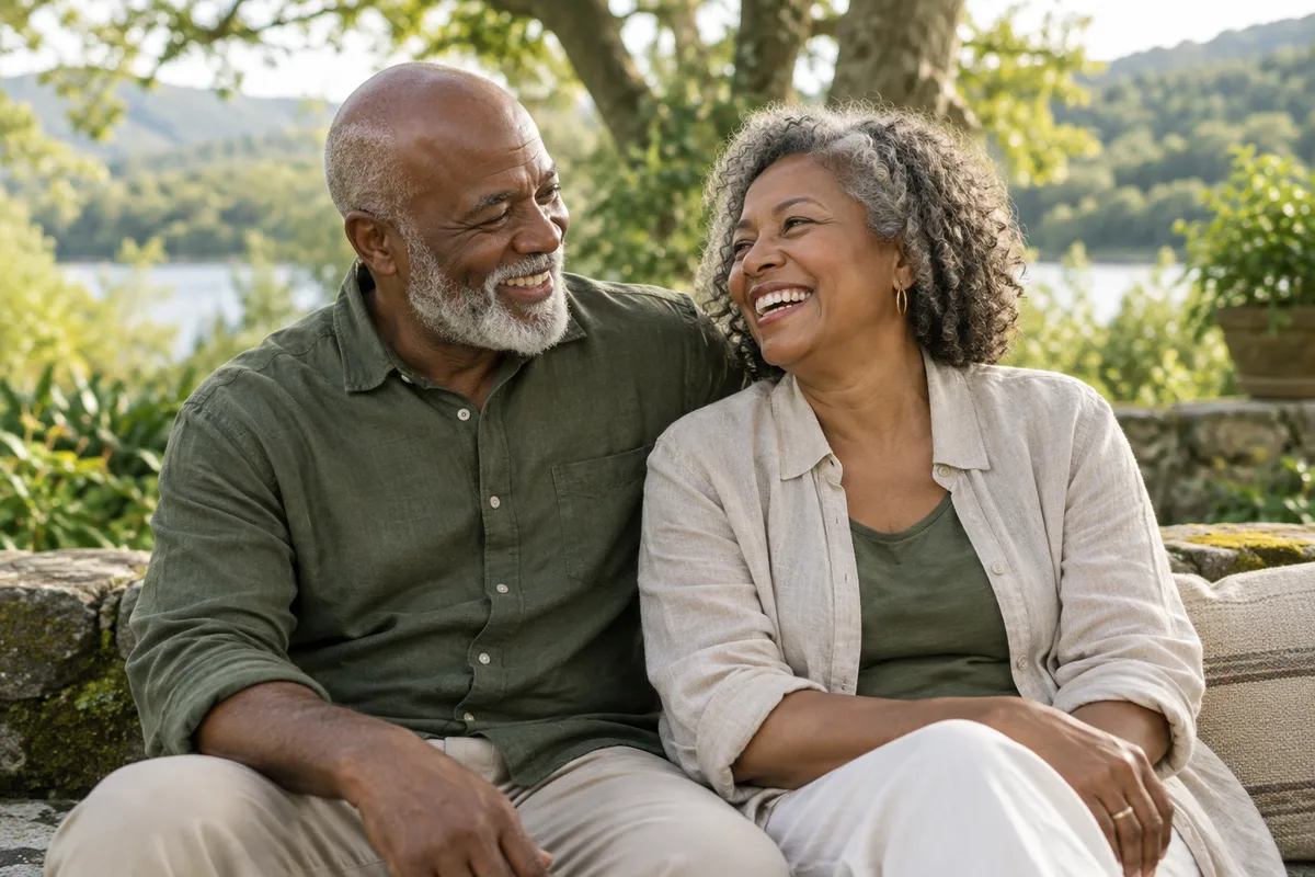 An illustrative older couple smiling together outdoors